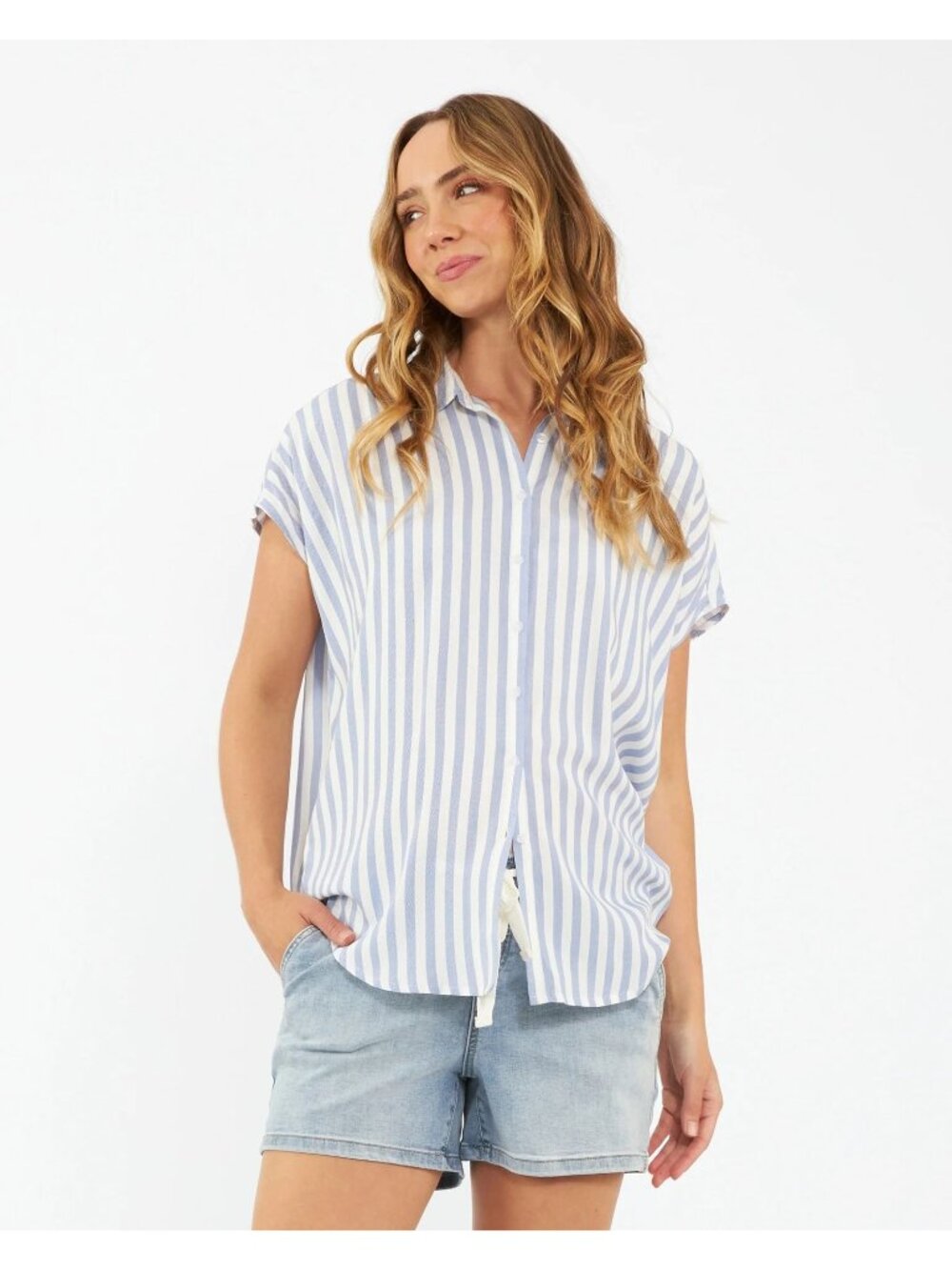 Ripe XS Maternity Stripe Blue White Sleeveless Button Down Blouse Preppy